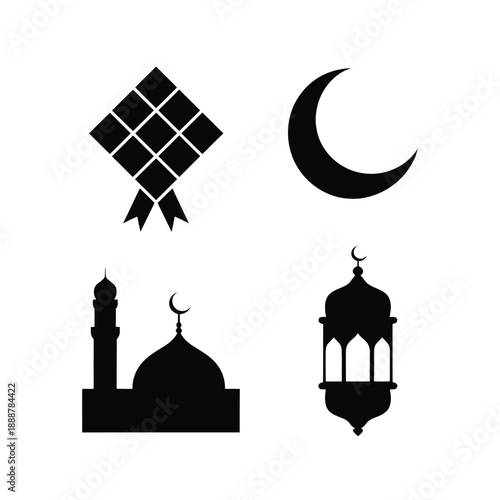 Minimalist black and white symbols of Islamic culture and architecture