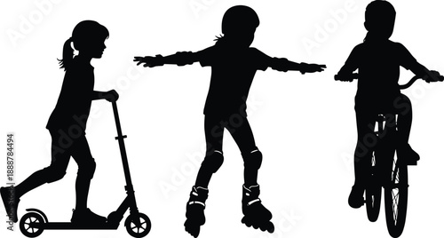 Children silhouette, kids riding, scooter, roller skating, bicycle, outdoor play, active lifestyle, black vector, childhood fun, flavector