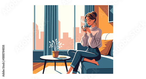 Serene Urban Morning A Woman's Peaceful Coffee Moment at Home with a Panoramic City View