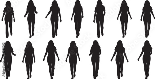 Silhouettes of women walking in various poses and outfits