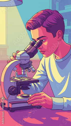 Young researcher peers into a microscope in a brightly lit laboratory.