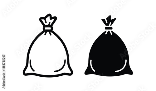 Black and white trash bags icon set for waste management and recycling concepts