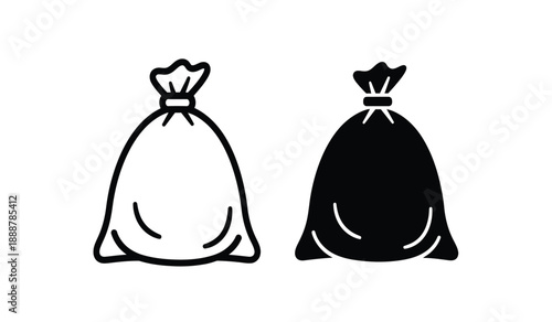 Black and white trash bags icon set with tied tops on pure for design use
