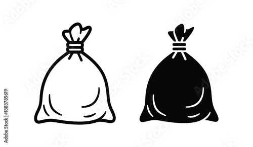 Two trash bags one black and one white in simple line art style