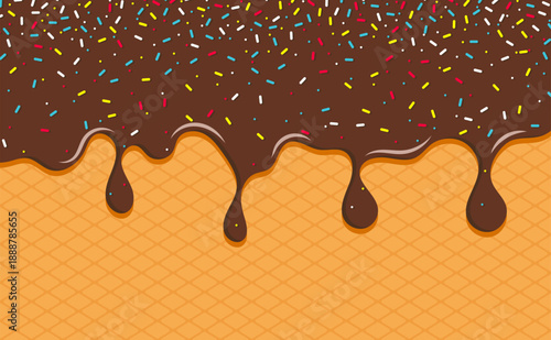 Dripping brown sweet donut glaze vector background, Colorful sprinkles banner background