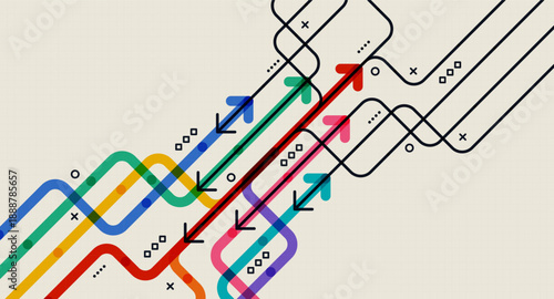 Curved and straight arrows in multiple colors on a beige grid background, representing pathfinding, complex decisions, and abstract business strategies.