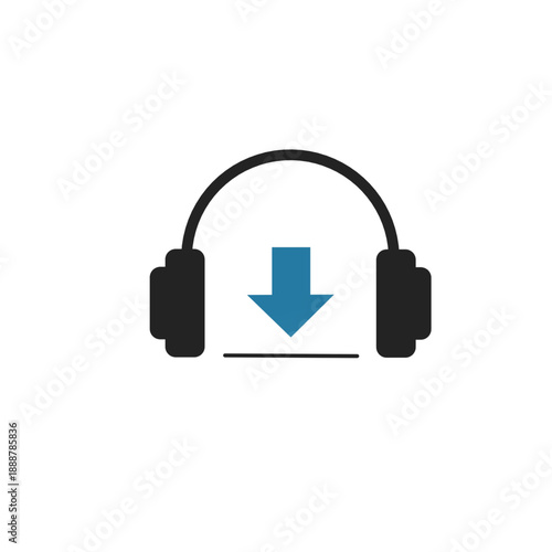 Modern vector icon of black over-ear headphones with a blue downward-pointing arrow and a horizontal line. digital media storage, podcast saving, offline audio listening.