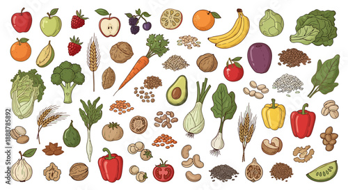 An abundant assortment of fresh, healthy fruits, vegetables, grains, and nuts, presented in a vibrant, illustrative style