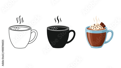 Set of three coffee or hot chocolate mugs outline drawing, black silhouette and colorful illustration with whipped cream and chocolate piece