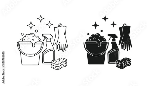 Black and white line drawing of cleaning supplies and tools in two groups