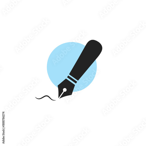 Classic fountain pen nib silhouette positioned over a soft blue circular graphic with a fluid ink stroke. Minimalist vector representing professional authorship, calligraphy, legal signature.