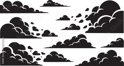 Black Cloud Silhouettes on White Background Vector Illustration Set