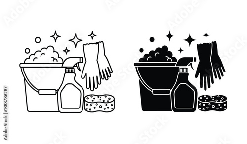 Black and white line art illustration of cleaning supplies including buckets, spray bottles, gloves, and sponges