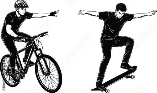 Cyclist silhouette, skateboard trick, outdoor sports, motion pose, helmet safety, black vector, active lifestyle, youth recreation, flavector