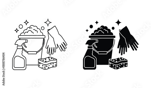 Black and white illustrations of cleaning supplies and rubber gloves