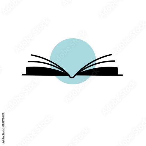 Minimalist black silhouette of an open book set against a soft blue circular backdrop. Professional vector symbol representing literacy, academic research, storytelling, and the pursuit of knowledge.