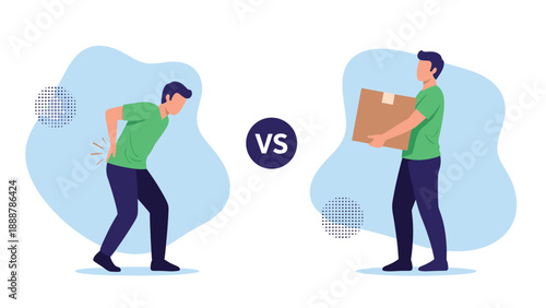Illustration comparing poor posture when lifting a heavy box versus the correct ergonomic way to carry a load safely.