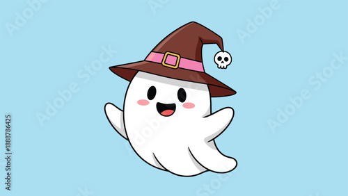 Friendly cartoon ghost wearing a brown witch hat decorated with a pink band and a small skull charm against a blue background.