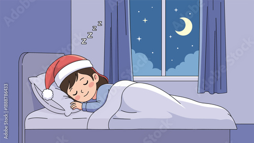 Young girl wearing a red Santa hat sleeping peacefully in her bed at night with the crescent moon and stars visible through the window.