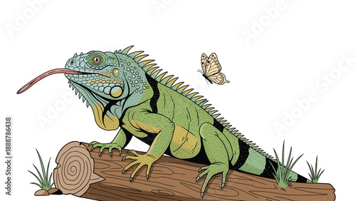 Detailed illustration of a green iguana sitting on a fallen log with its tongue out while a small butterfly flies nearby on a white background.