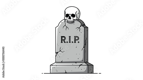 Grey stone grave marker with the inscription RIP featuring a human skull resting on top against a stark white background for a spooky effect.