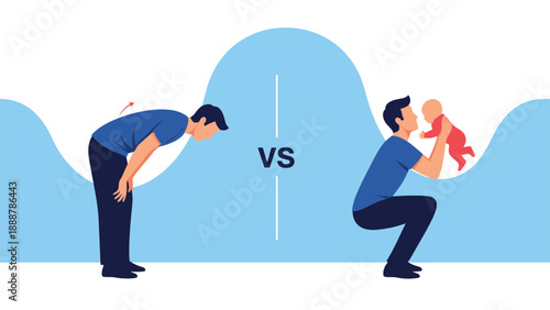 Educational diagram demonstrating the correct way to lift a baby by squatting versus the incorrect way by bending over from the waist.