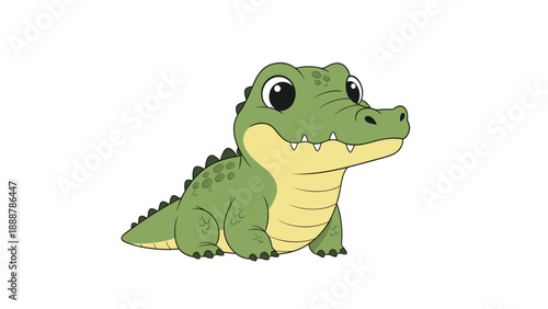 Adorable cartoon illustration of a small green baby crocodile with large friendly eyes sitting peacefully on a clean white background.