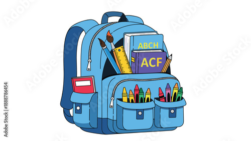 Bright blue school backpack overflowing with colorful pencils, notebooks, paint brushes, a ruler, and crayons for the start of a new academic year.