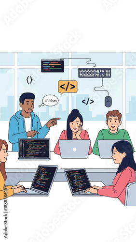 Diverse team collaborates on coding laptops in a modern tech workspace.