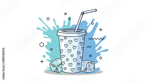 Refreshing iced drink in a cup decorated with hearts featuring a straw and ice cubes amidst a blue and turquoise liquid splash illustration.