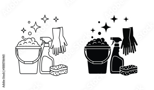 Black and white line art illustration of cleaning supplies in two different color schemes