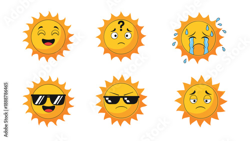 Set of six cheerful sun characters displaying various emotions like happy, confused, sad, cool, angry, and tired against a plain white background.