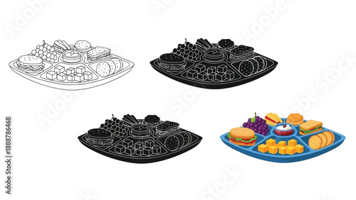 Four variations of a food serving platter with snacks, including line art, silhouettes, and a colored version with fruits, burgers, and cookies