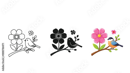 Two birds sitting a branch with flowers in different styles outline, silhouette and color illustration