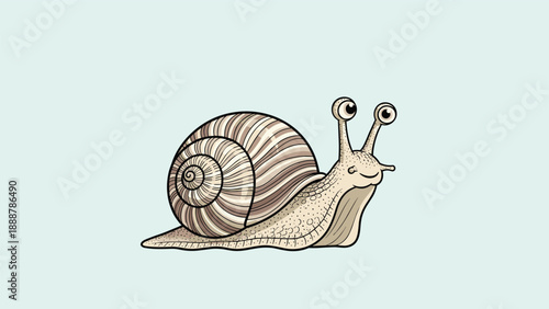 Detailed illustration of a brown and tan striped snail with large eyes crawling slowly across a light blue background in a natural pose.
