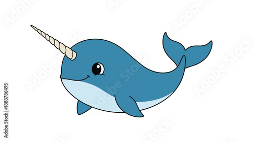 Adorable blue cartoon narwhal with a long tusk and a friendly smile swimming peacefully against a clean white background in a simple style.