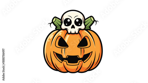 Spooky Halloween illustration featuring a small white skull with large eyes sitting on top of a classic carved orange jack-o-lantern.
