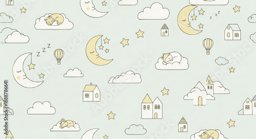 Seamless cute pastel night sky with village dream pattern