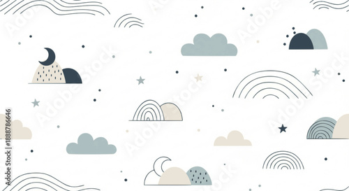Seamless pastel gray cloud rainbow moon pattern background
