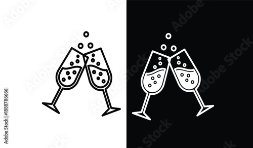 Two champagne glasses with bubbles and black backgrounds in a vector illustration