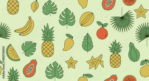 Seamless exotic tropical fruits foliage pattern background