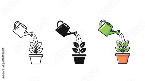 Set of three icons watering a potted plant in outline, solid black and color styles for gardening and growth concepts