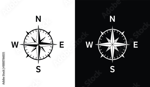 Compass navigation symbols with north south east and west directions and black backgrounds for design and travel concepts