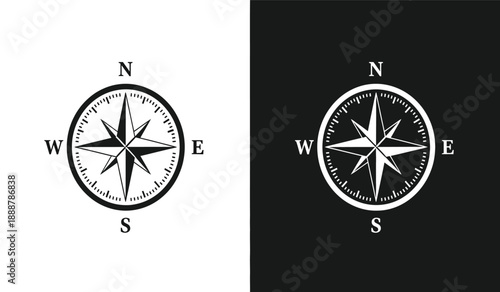 Black and white compass rose icons and black backgrounds for navigation and direction