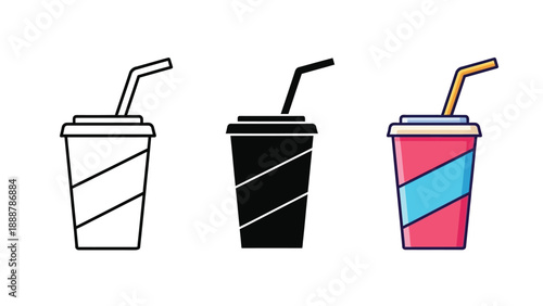 Set of three soda drink icons with straws outline, silhouette, and color illustration, representing fast food beverages