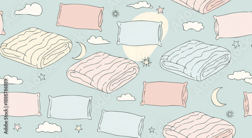 Seamless cute pillows blankets moon stars pattern
