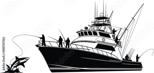 Fishing boat silhouette, deep sea sport fishing, black vector illustration, dramatic catch moment, marine adventure scene, outdoor recreation, flavector