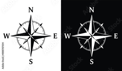 Two black and white compass rose icons and black backgrounds for navigation and direction