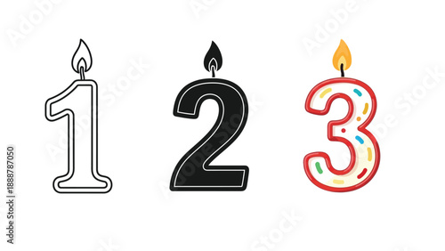 Set of birthday candles in shape of numbers one, two, and three with flames, outline, solid black and colored styles