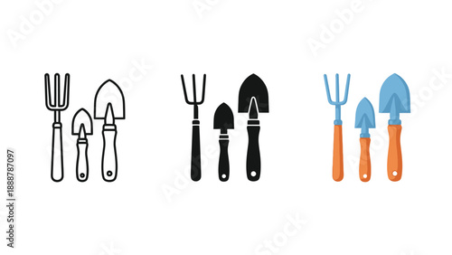 Set of three gardening tools icons hand fork, small trowel, and large trowel in outline, silhouette and color styles